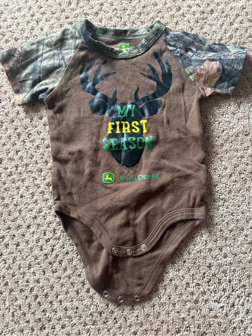 John Deere Brown Camouflage Sleeve "My First Season" Baby One-Piece onsie